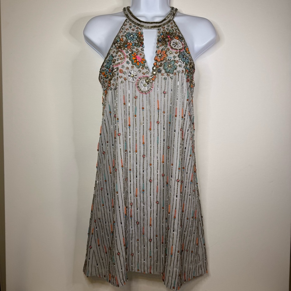 PARKER Sansa 100% Silk All Over Beaded Keyhole Mini Dress DOVE GRAY / XSMALL